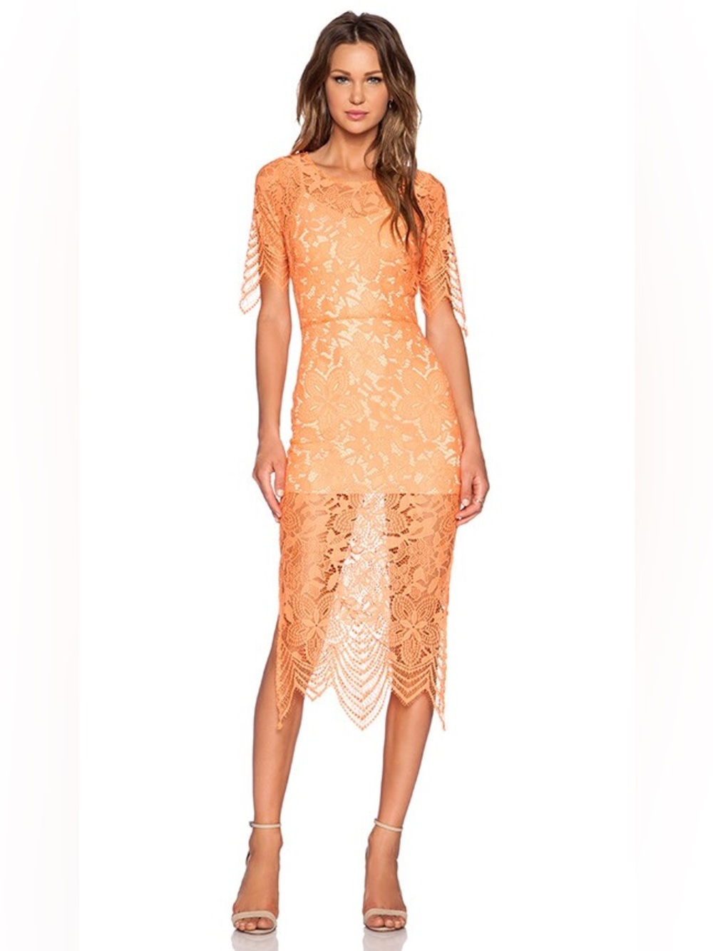For Love and Lemon Luna Lace Midi Dress Tropical Orange Size XS